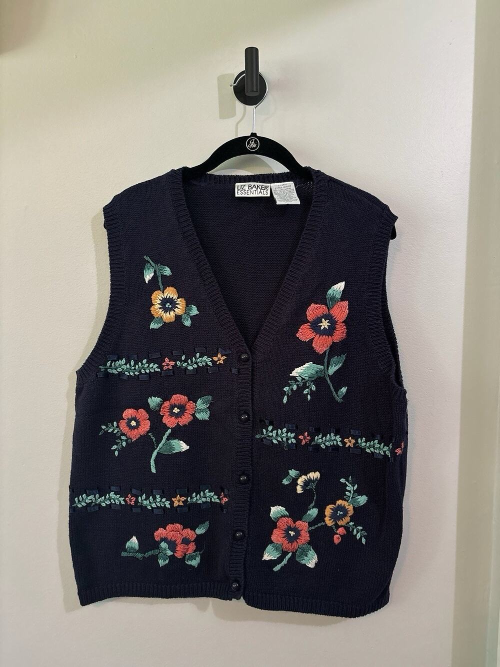 Vintage Sweater Vest Flower Women's XL 90's Cottage Core Grandma